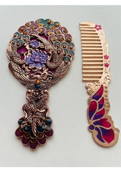 Ayna Tarak Seti, Kutulu-Metal-Hediyelik Takım, 13CM Aynalı Saç Fırçası, Tavuskuşu Figürlü