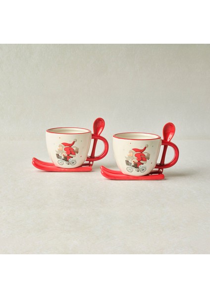 New Year Yılbaşı Snowboard Kaşıklı 2 Kişilik Çay Fincan Takımı 300 ml
