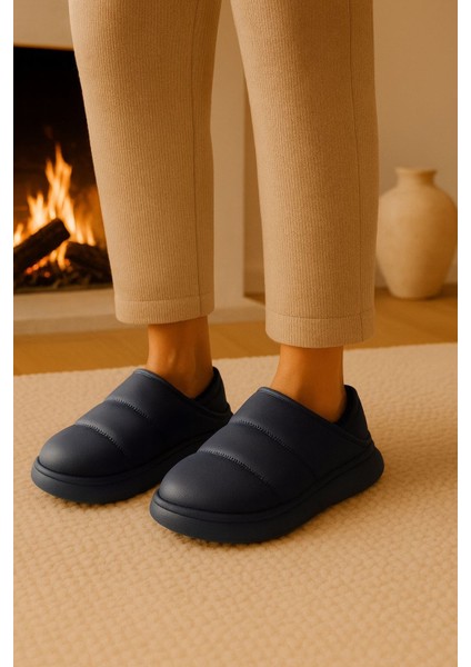 Peluş Içi Yünlü Kışlık Panduf Lacivert Kadın Ev Terliği