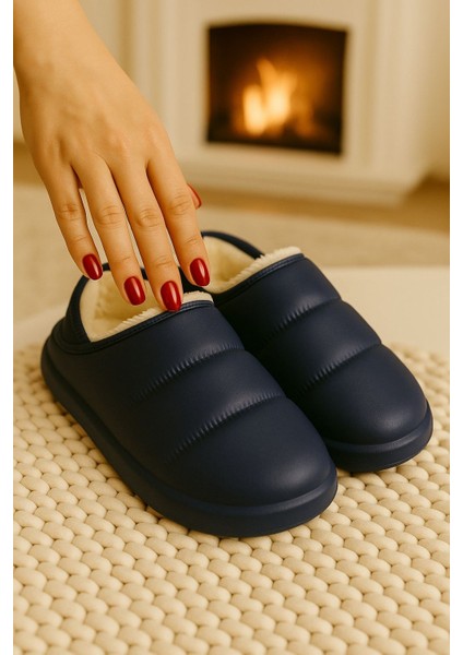 Peluş Içi Yünlü Kışlık Panduf Lacivert Kadın Ev Terliği modelleri