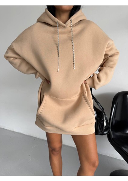 Kadın Kapüşonlu Taş Detaylı Sweatshirt Elbise