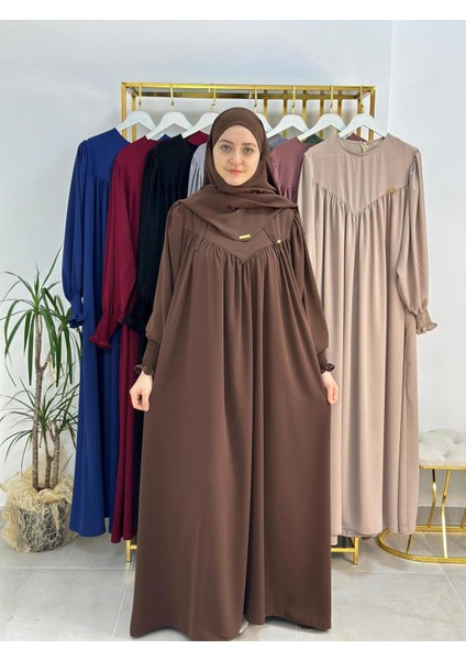 Tesettür Elbise,önü V Model Büzgülü,sufle Esarpla Takım.hijap ,khimar.hac Umre Için Uygundur Kahve