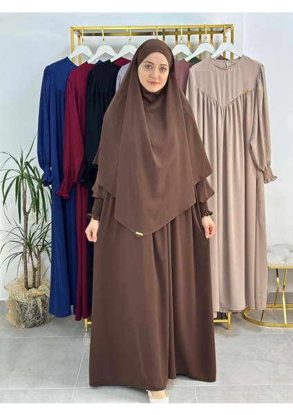 Tesettür Elbise,önü V Model Büzgülü,sufle Esarpla Takım.hijap ,khimar.hac Umre Için Uygundur Kahve fiyatları