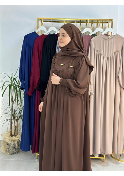 Tesettür Elbise,önü V Model Büzgülü,sufle Esarpla Takım.hijap ,khimar.hac Umre Için Uygundur Kahve indirimleri