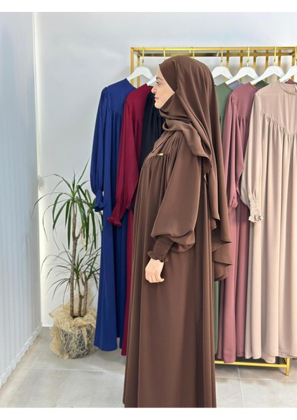 Tesettür Elbise,önü V Model Büzgülü,sufle Esarpla Takım.hijap ,khimar.hac Umre Için Uygundur Kahve