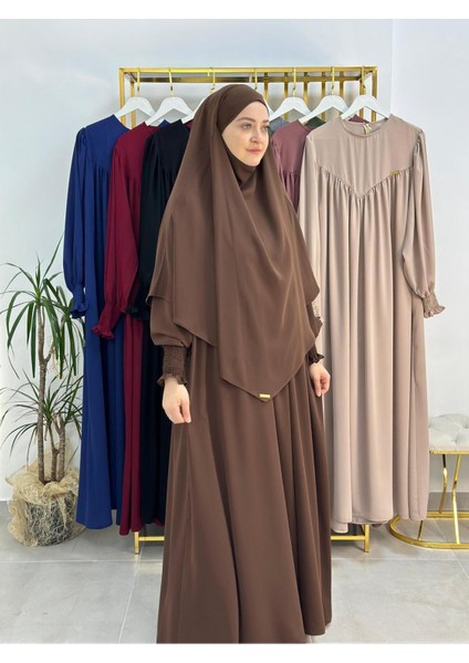 Tesettür Elbise,önü V Model Büzgülü,sufle Esarpla Takım.hijap ,khimar.hac Umre Için Uygundur Kahve