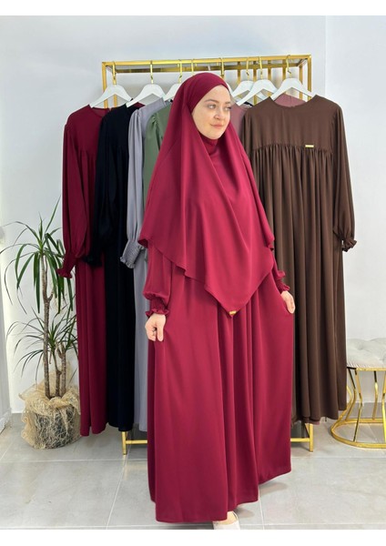 Ferace & Abaya Sufle Esarp ve Üsten Robalı Kemerli Elbise Takım .hac ve Umre Için Uygundur Bordo fiyatları