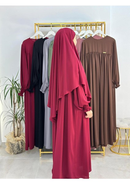 Ferace & Abaya Sufle Esarp ve Üsten Robalı Kemerli Elbise Takım .hac ve Umre Için Uygundur Bordo fırsatları