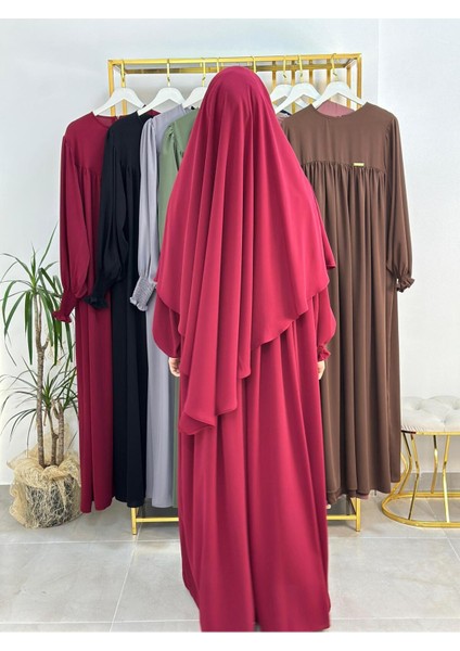 Ferace & Abaya Sufle Esarp ve Üsten Robalı Kemerli Elbise Takım .hac ve Umre Için Uygundur Bordo indirimleri