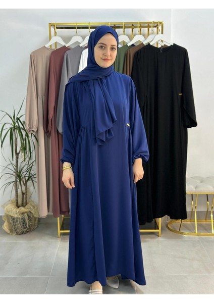 Şallı ,tesettür Yandan Büzgülü Elbise Takım ( Hac ve Umre Için Uygundur) Indigo Renk
