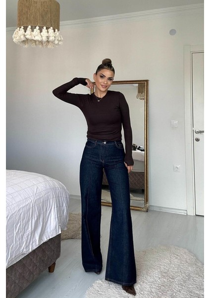 Dikiş Detay Denim Palazzo Pantolon Lacivert