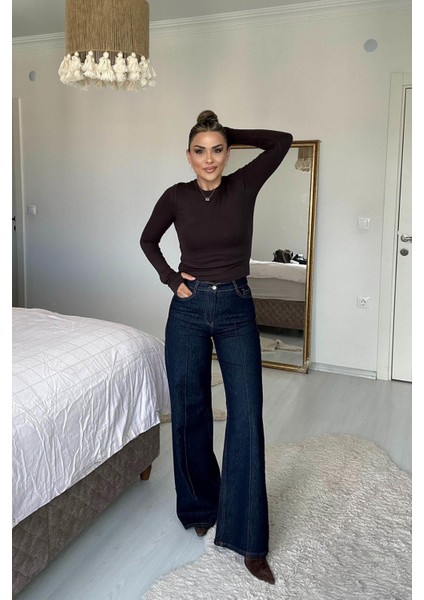 Dikiş Detay Denim Palazzo Pantolon Lacivert