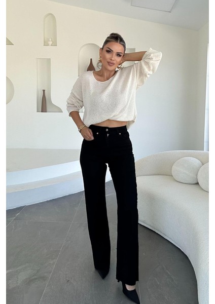 Likralı Kesik Paça Palazzo Pantolon Siyah