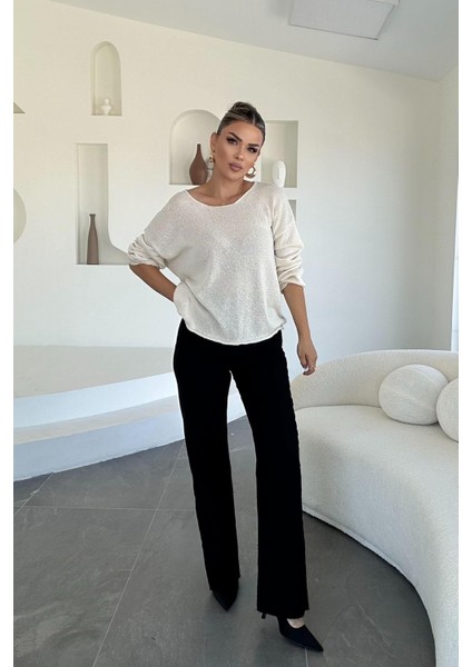 Likralı Kesik Paça Palazzo Pantolon Siyah