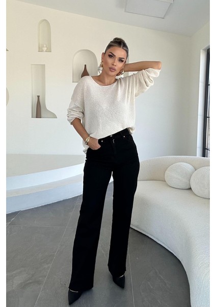 Likralı Kesik Paça Palazzo Pantolon Siyah