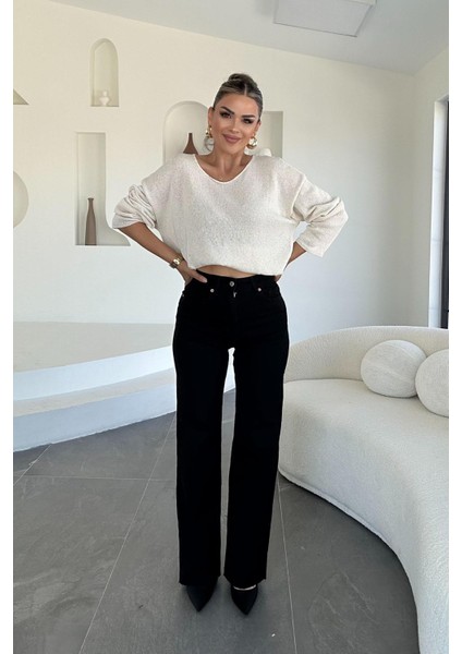 Likralı Kesik Paça Palazzo Pantolon Siyah