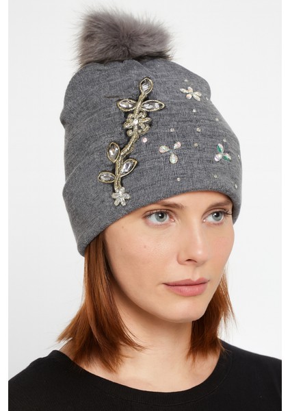 Kadın Örgü Taşlı Ponponlu Bere Standart