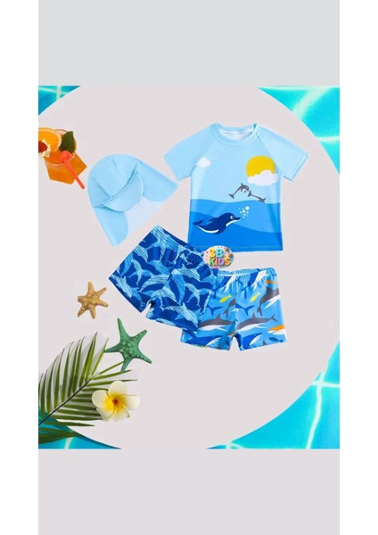 Erkekkkk Çocukkk Mayo 4 Lü Takım Deniz Şortu Plaj Şapkası Mayo Takımı Üst Plaj Giyim Güneş Geçirmez