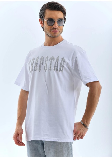 Unisex Oversize Taşlı Bisiklet Yaka T-Shirt - Beyaz indirimleri