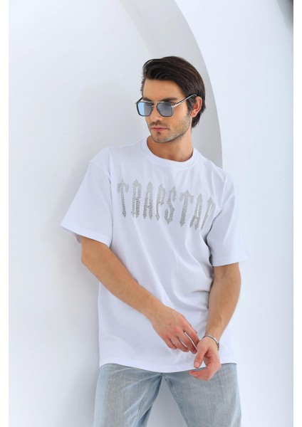 Unisex Oversize Taşlı Bisiklet Yaka T-Shirt - Beyaz