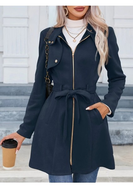 Kadın Uzun Kollu Boyundan Düğmeli Fermuarlı Beli Kuşaklı Süet Ceket