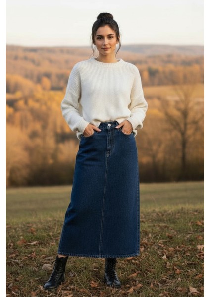 Kadın Koyu Mavi Pamuklu Denim Etek modelleri