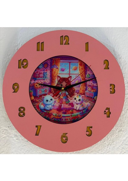 Kişiye Özel Isimli Kedi Kız Figürlü Çocuk Odası Duvar Saati | Epoksi Dolgulu | 35 cm fiyatları