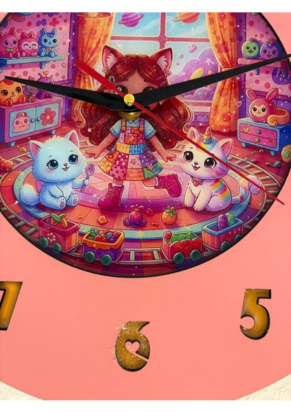 Kişiye Özel Isimli Kedi Kız Figürlü Çocuk Odası Duvar Saati | Epoksi Dolgulu | 35 cm indirimleri