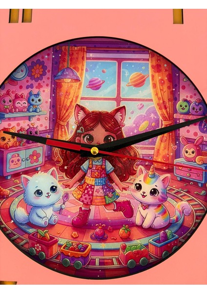 Kişiye Özel Isimli Kedi Kız Figürlü Çocuk Odası Duvar Saati | Epoksi Dolgulu | 35 cm