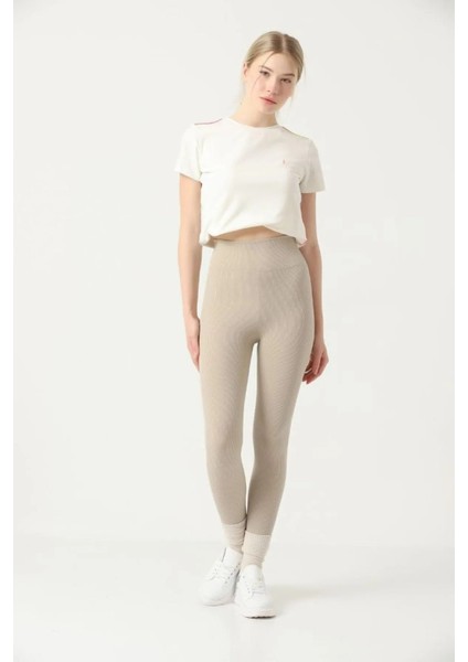 Bej Kadın Fitilli Tayt, Toparlayıcı Yüksek Bel Fitilli Spor, Günlük Rahat Tayt