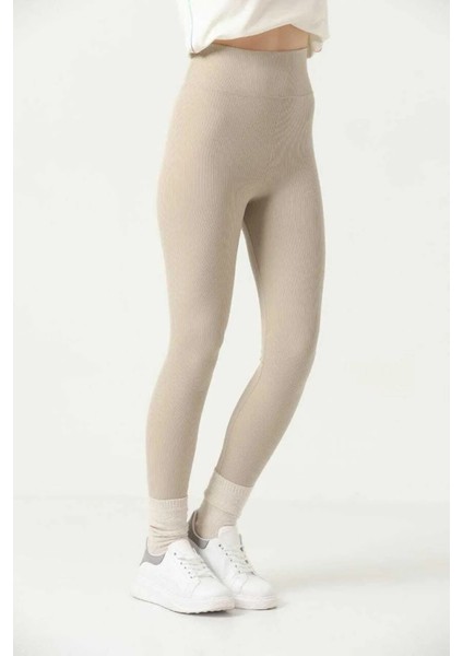 Bej Kadın Fitilli Tayt, Toparlayıcı Yüksek Bel Fitilli Spor, Günlük Rahat Tayt fiyatları