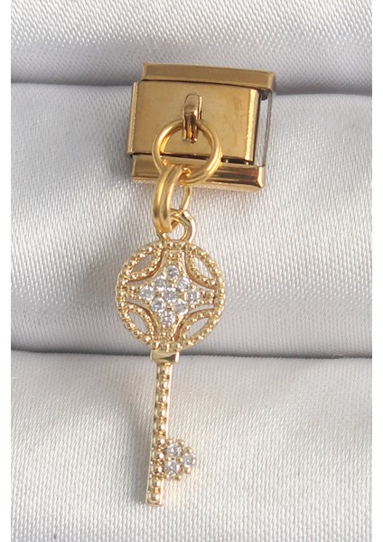 316L Çelik Gold Renk Sallantı Zirkon Taşlı Anahtar Model Nomination Charm - TJ-BC1347