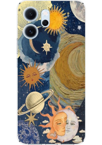 Oppo Reno 14F Uyumlu Güneş ve Ay Evren Tasarımlı Baskılı Silikon Kılıf