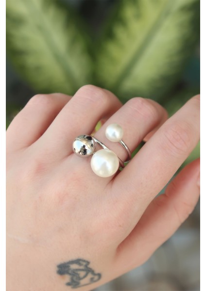 Pirinç Gümüş Renk Ayarlanabilir Inci Taşlı Yüzük - TJ-BYK3179