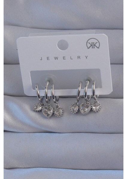 Pirinç Gümüş Renk Zirkon Taşlı Kalp Model Çoklu Görünüm Yarım Halka Küpe - TJ-BKP9143