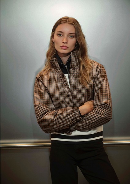 Kahverengi Kareli Şişme Mont 1110269-90373