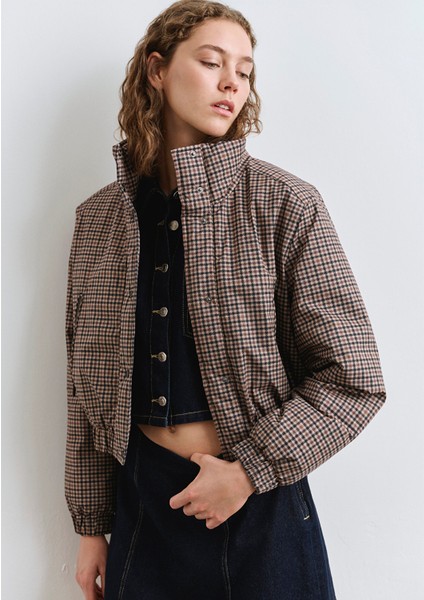 Kahverengi Kareli Şişme Mont 1110269-90373 modelleri