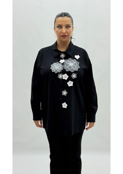 Büyük Beden Düğmeli Çiçek Detaylı Uzun Kol Oversize Kadın Gömlek