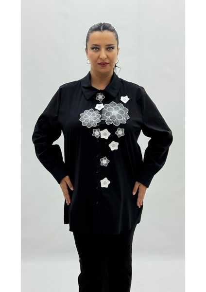 Büyük Beden Düğmeli Çiçek Detaylı Uzun Kol Oversize Kadın Gömlek fiyatları