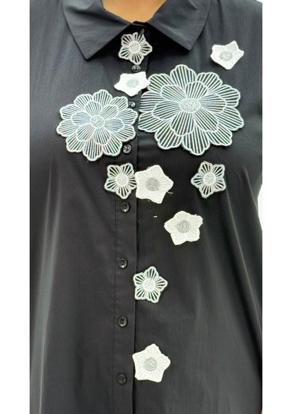 Büyük Beden Düğmeli Çiçek Detaylı Uzun Kol Oversize Kadın Gömlek indirimleri