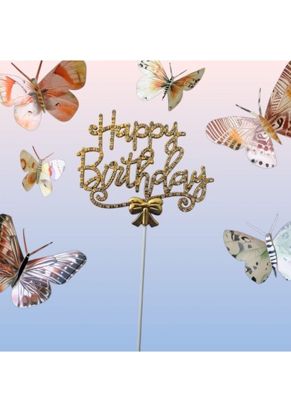 Gold Happy Birthday Lüx Taşlı Pasta Süsü