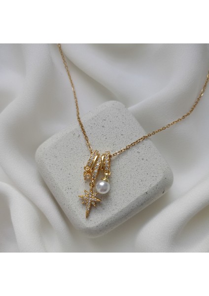 Çelik Zincir Gold Kutup Yıldızı ve Incili Charm Kolye Kadın Takı