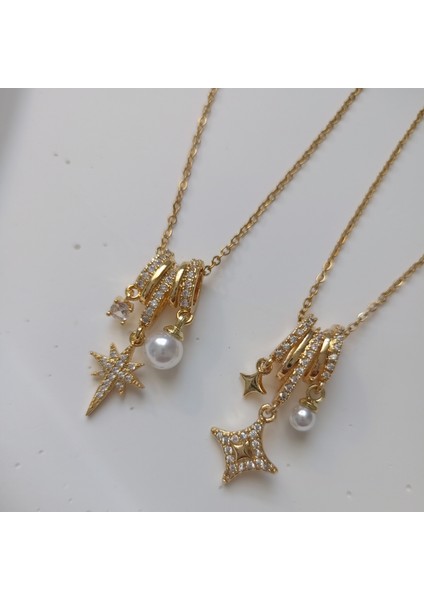 Çelik Zincir Gold Kutup Yıldızı ve Incili Charm Kolye Kadın Takı fiyatları