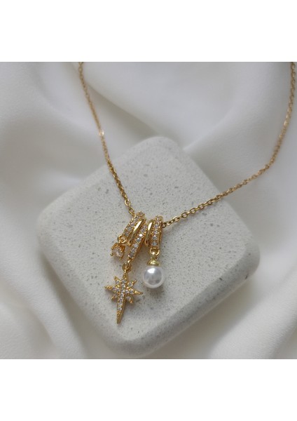 Çelik Zincir Gold Kutup Yıldızı ve Incili Charm Kolye Kadın Takı modelleri