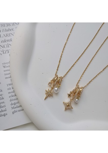Çelik Zincir Gold Kutup Yıldızı ve Incili Charm Kolye Kadın Takı fırsatları