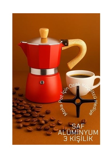 Italyan Moka Pot - 6061 Saf Alüminyum Ahşap Saplı - 3 Kişilik Kırmızı