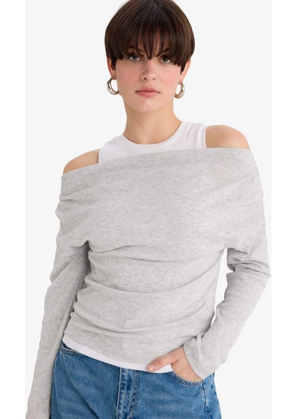 Slim Fit Dar Kesim Tek Omuzlu Çift Katmanlı Ribana Uzun Kollu Tişört