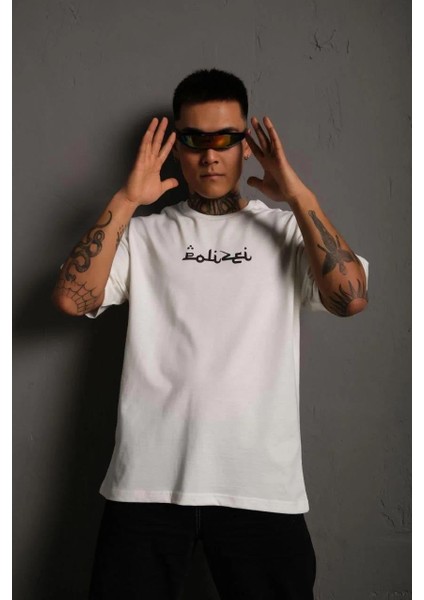 Erkek Bisiklet Yakalı Sırt Baskılı Oversize T-Shirt - Beyaz fiyatları