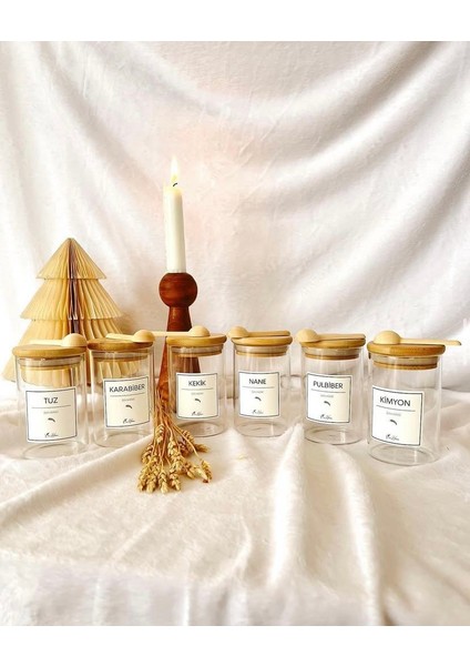 Bambu Vakum Kapaklı Altılı Mika Kavanoz Seti Altı Adet Kaşık ve 28 Adet Etiket Hediye