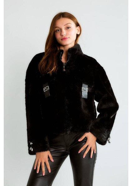D99681 Cep Detaylı Kollar Ipli Kadın Suni Kürk Siyah